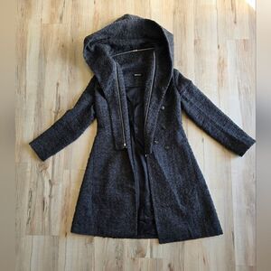 Womens Dark Grey Hooded Wool Blend Trench Pea Coat Sz L Even Penniless